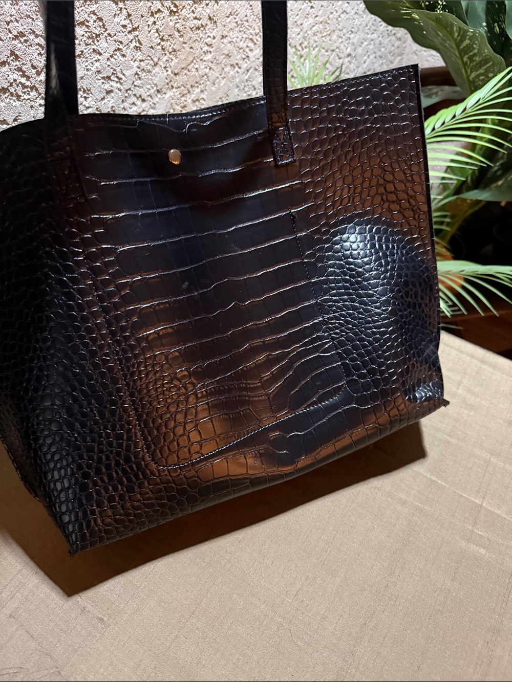 Black Croc-Embossed Tote Bag with Tassel